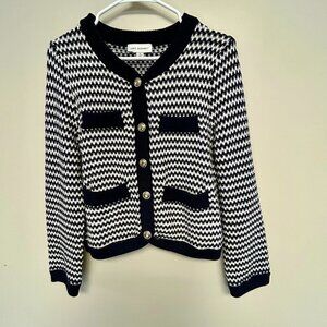 Free Assembly navy and white boxy welt pocket gold button cardigan sweater small